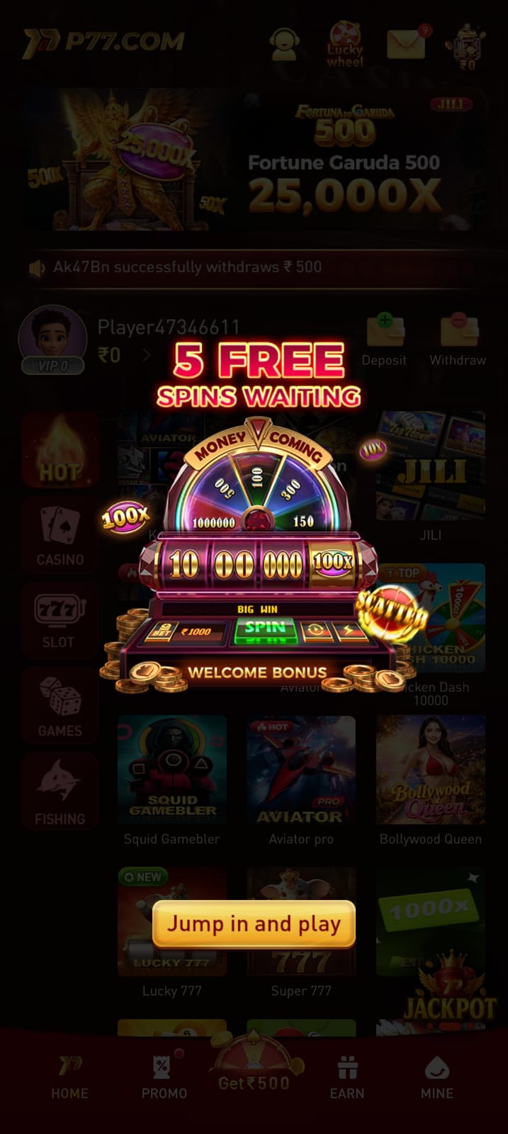 P77 Game 5 Free Spins Welcome Bonus Screen with Lucky Wheel Rewards