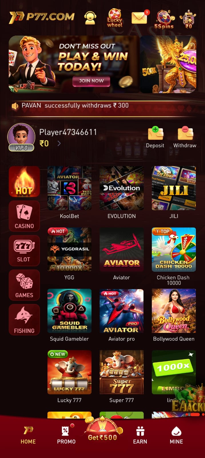 P77 Game Home Screen with Aviator JILI Evolution Casino Games
